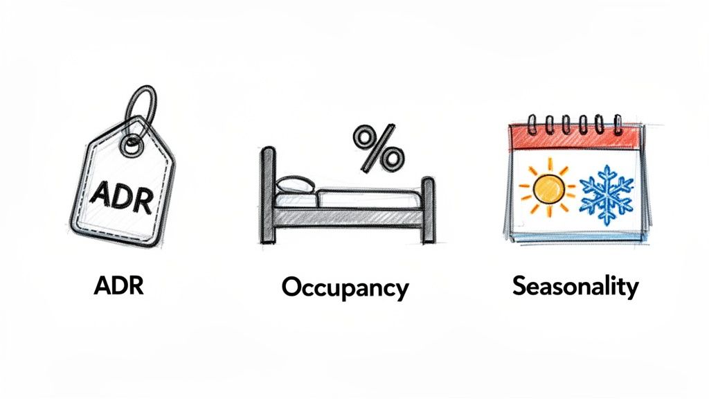 Icons representing average daily rate, occupancy rate, and seasonality for short-term rentals.