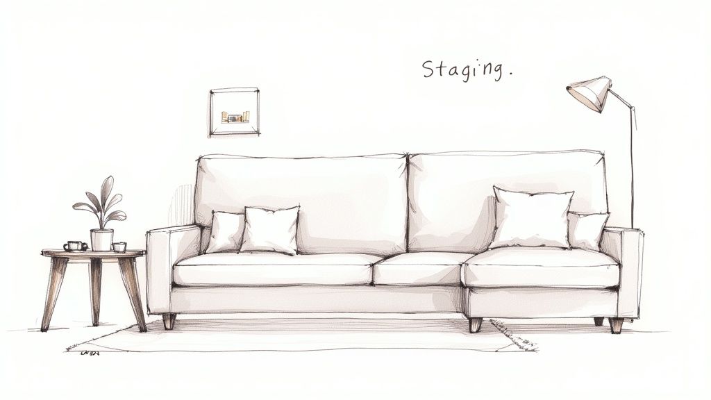 A minimalist sketch illustrating a living room with a sofa, side table, plant, and lamp.