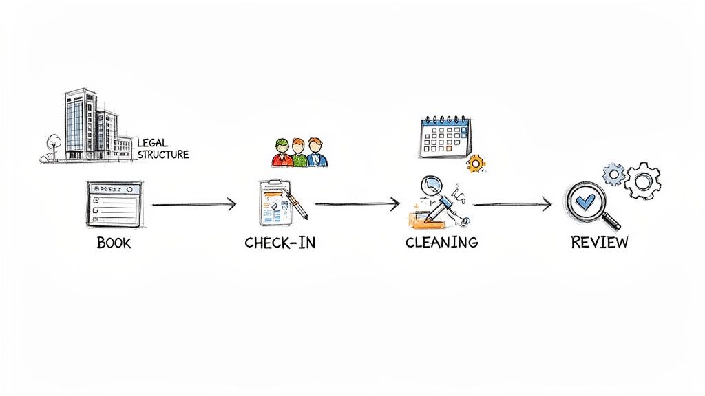 A hand-drawn flowchart illustrating a rental business process: Legal structure, book, check-in, cleaning, and review.