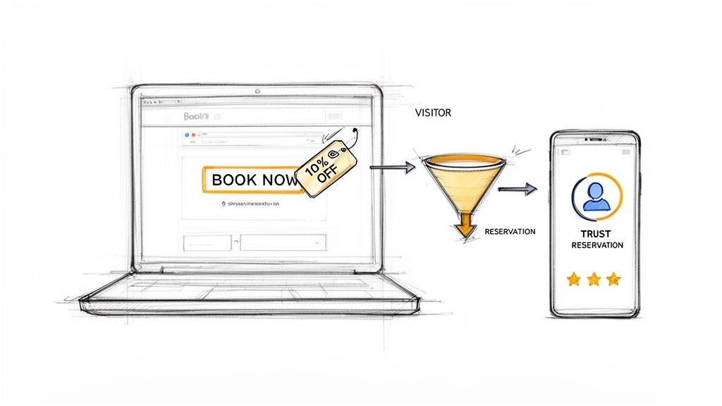Marketing funnel diagram: laptop with 10% off booking offer, leading to trusted mobile reservation.