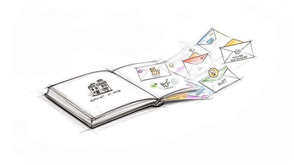 A whimsical sketch of an open book with illustrated mail and messages flying out.