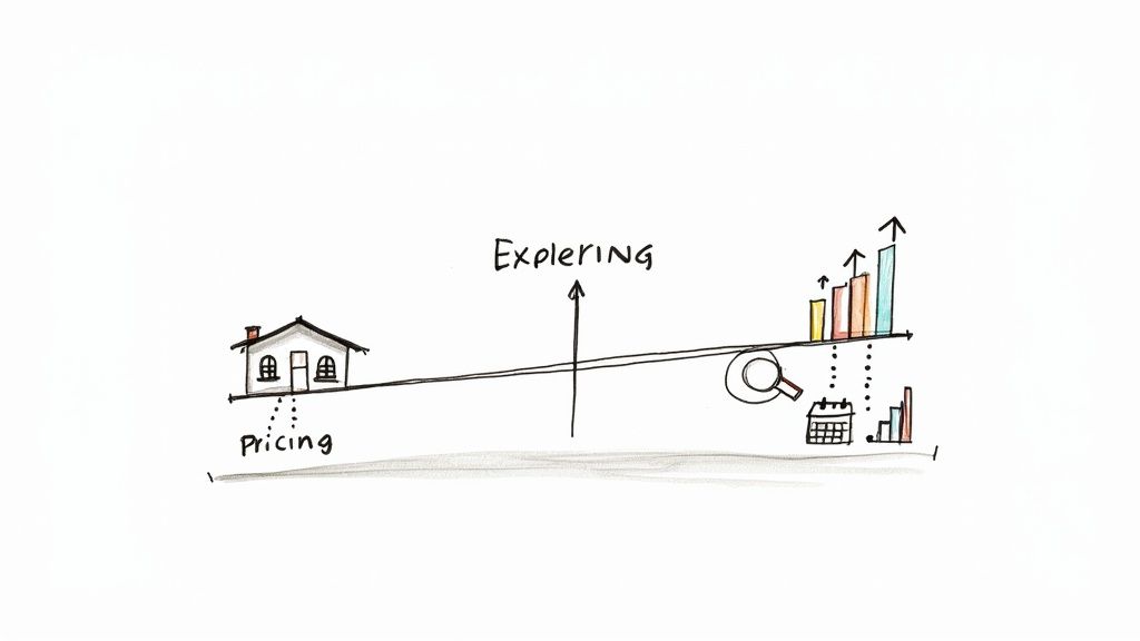 Hand-drawn illustration of a seesaw balancing 'Pricing' (house) with 'Exploring' (data, charts) for effective strategy.