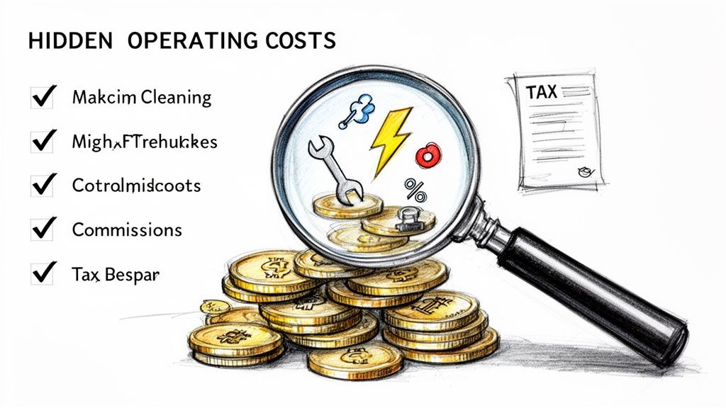 Magnifying glass over coins illustrates hidden operating costs including cleaning, commissions, and tax.
