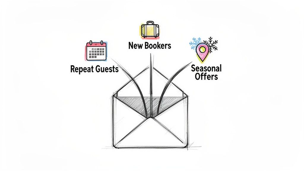 An illustration of an open envelope receiving content streams for repeat guests, new bookers, and seasonal offers.