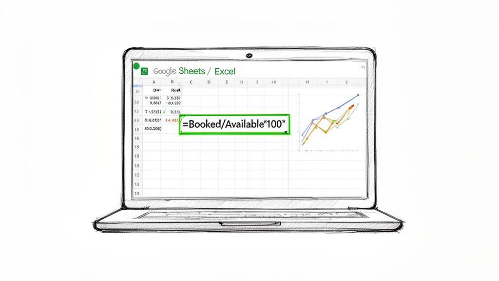 Laptop screen showing a Google Sheets/Excel spreadsheet with a booking calculation formula.