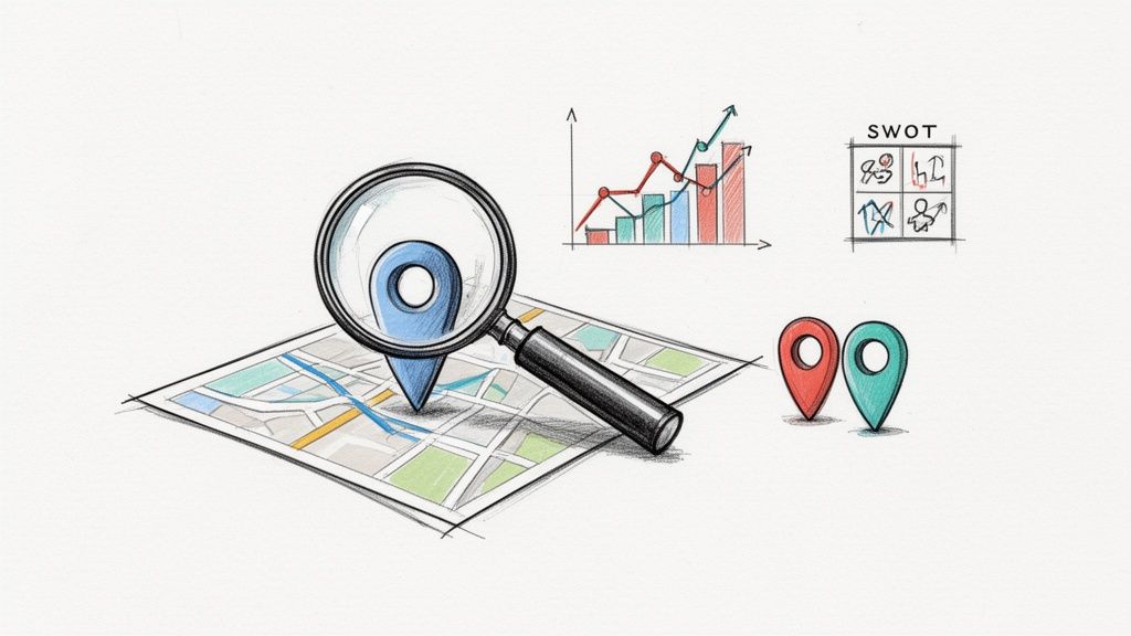 Hand-drawn illustration of business planning: map, magnifying glass, location pins, growth chart, and SWOT analysis.