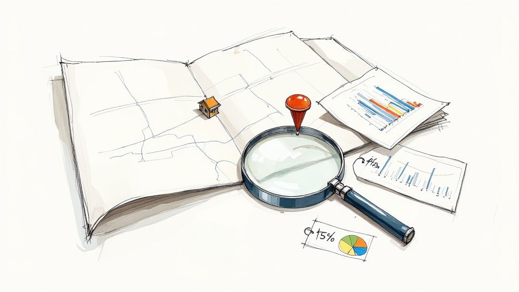 A map with a small house, magnifying glass, location pin, and market analysis charts.