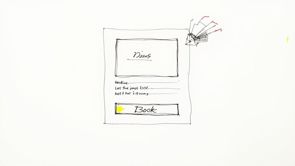 A hand-drawn wireframe sketch of a news article layout with a headline and a 'Book' button.