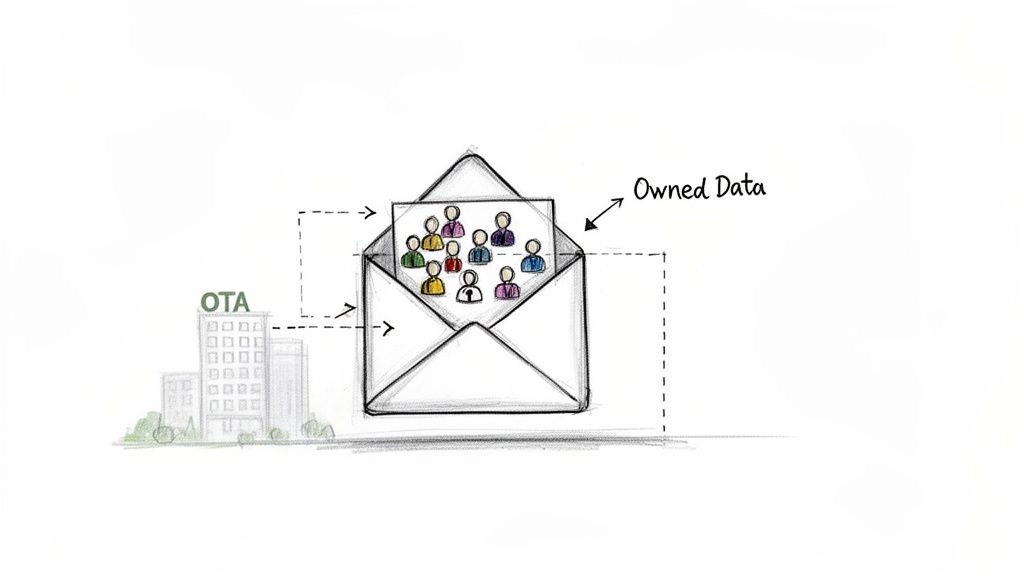 A sketch showing an OTA attempting to access an envelope containing 'Owned Data' with diverse user profiles, symbolizing data control.