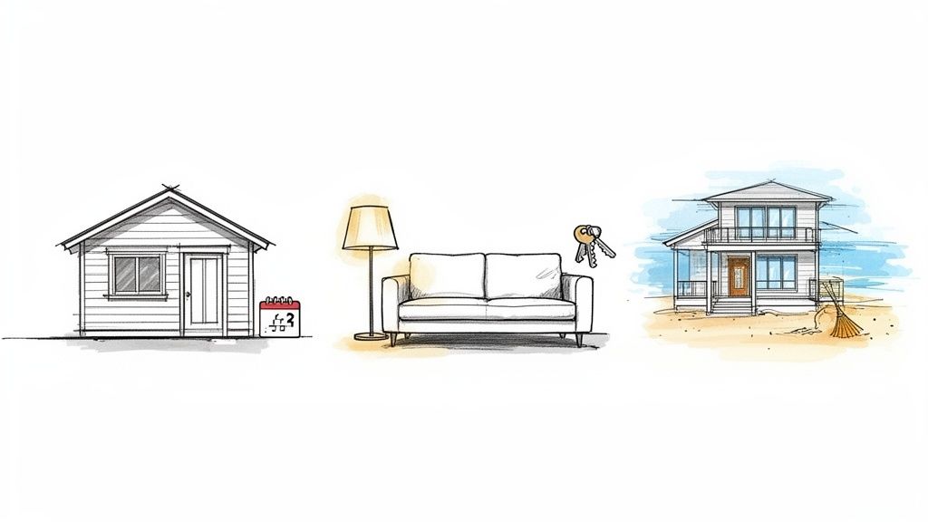 Illustrations of various elements for vacation rentals: a small house, a sofa with keys, and a beach house.