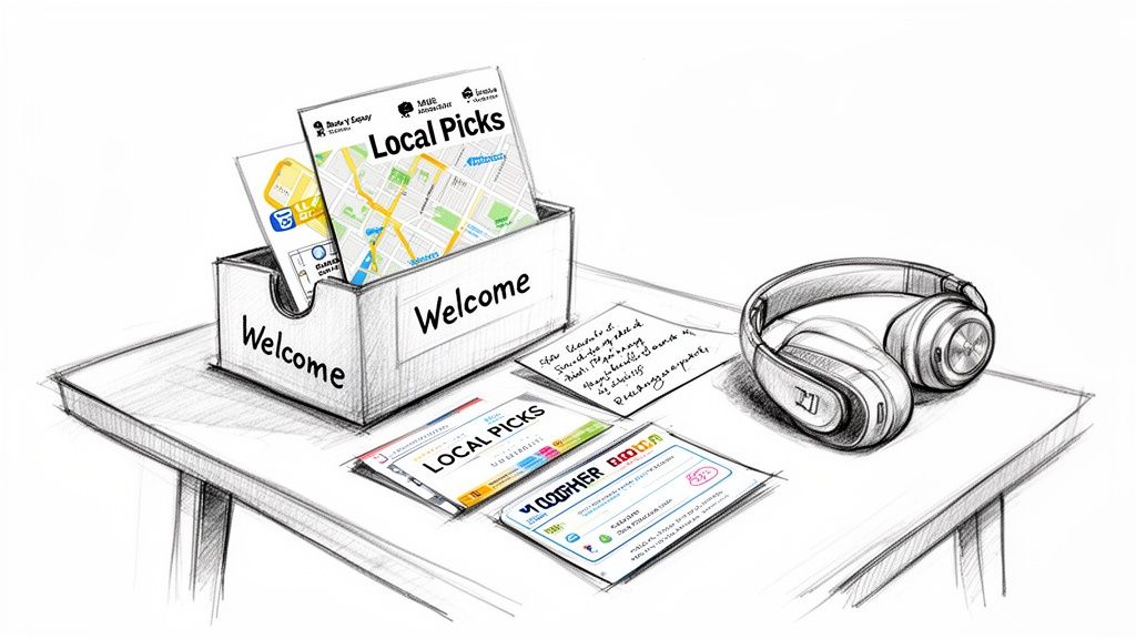 A detailed sketch of a hospitality welcome kit with local picks maps, cards, and headphones on a table.
