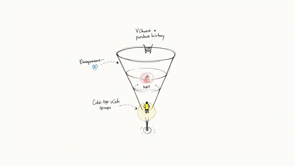Hand-drawn marketing funnel illustrating customer segmentation with purchase history, engagement, and user groups.