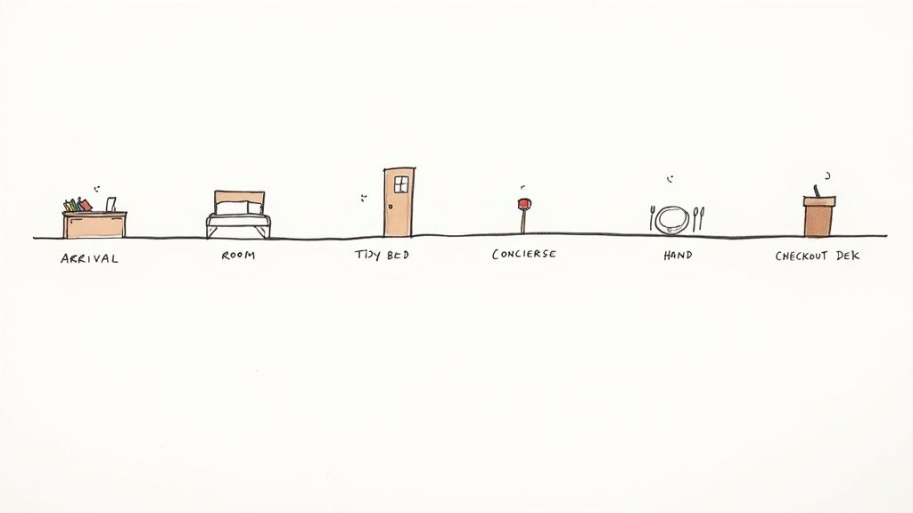 Line illustration of a guest journey: arrival, room, amenities, checkout.
