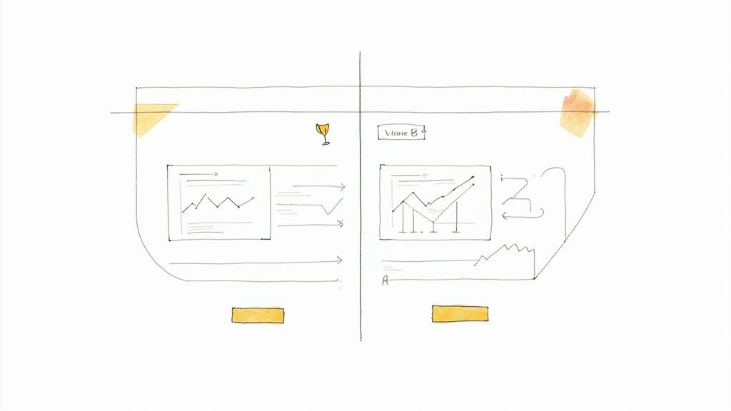 Sketch of a split screen showing A/B test versions of charts and user interfaces.