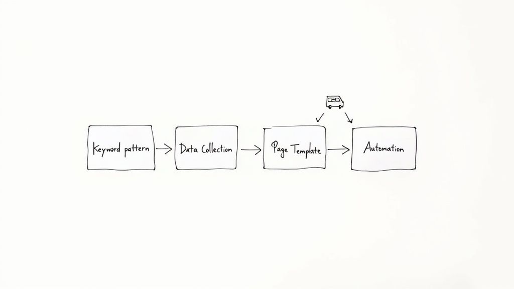 A diagram showing the step-by-step process of programmatic SEO, from research to launch.