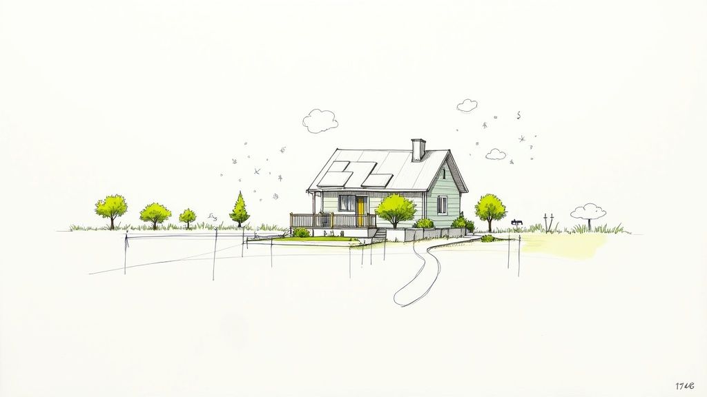 A detailed sketch of a green house with solar panels, a front deck, and surrounding trees.