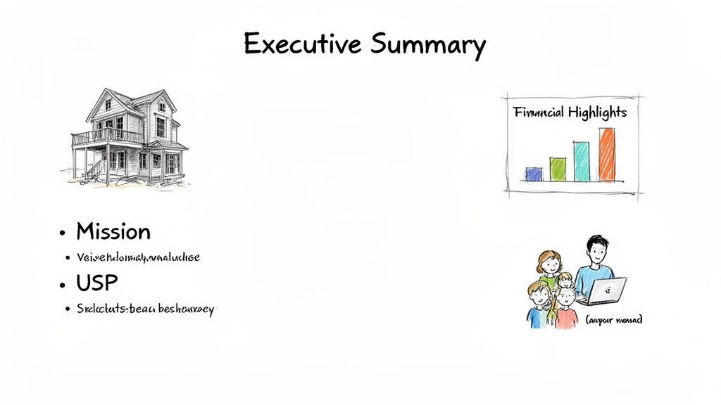 A business plan executive summary slide featuring a house, financial highlights, mission, USP, and a family.
