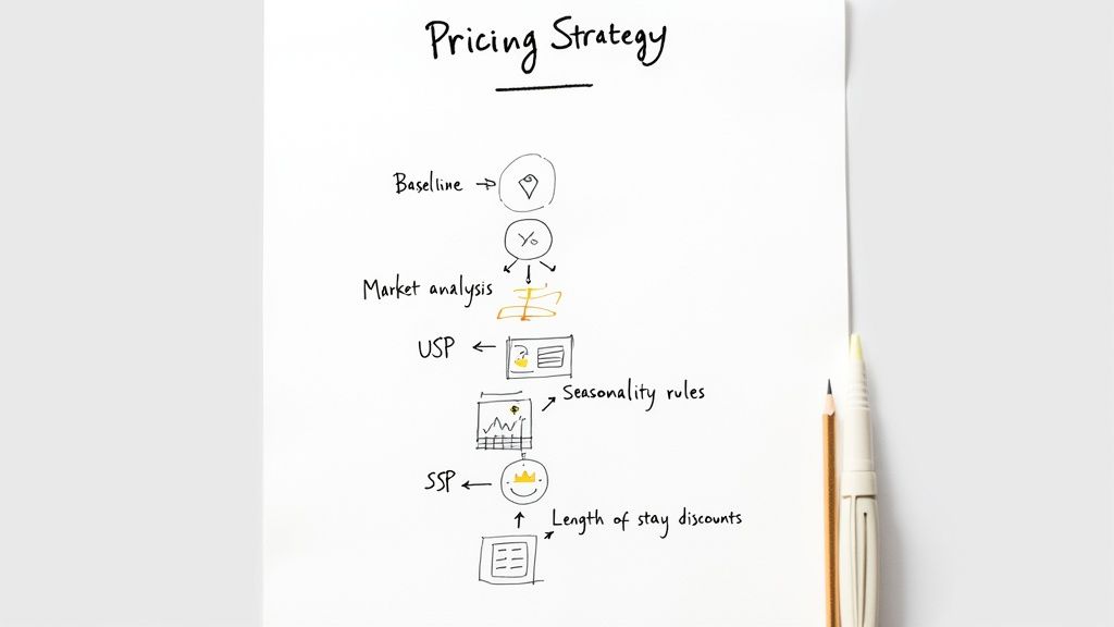 A handwritten diagram outlining steps for a pricing strategy, including baseline, market analysis, USP, seasonality, and discounts.