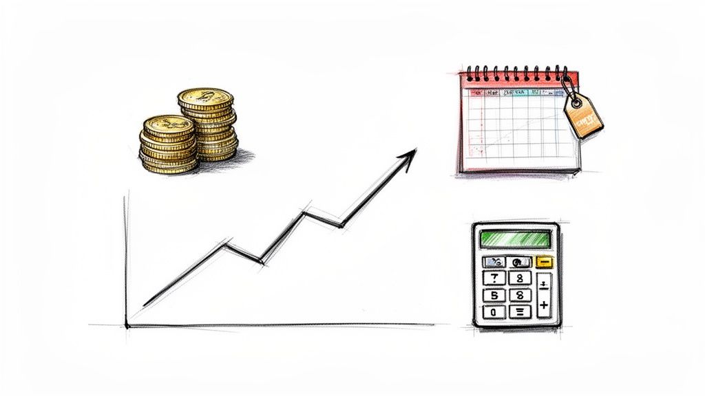 A sketch illustrating financial planning with stacked coins, an upward trend graph, a calendar with a price tag, and a calculator.