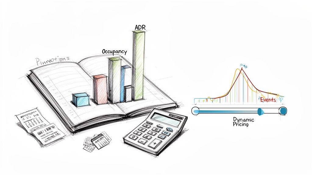 Hand-drawn concepts for vacation rental business planning, showing metrics, a calculator, and dynamic pricing.