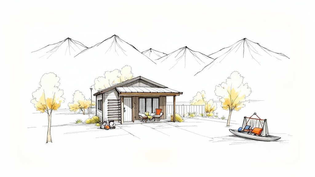 A charming watercolor and pen sketch of a small cabin nestled among trees, with mountains in the background and a boat on the ground.