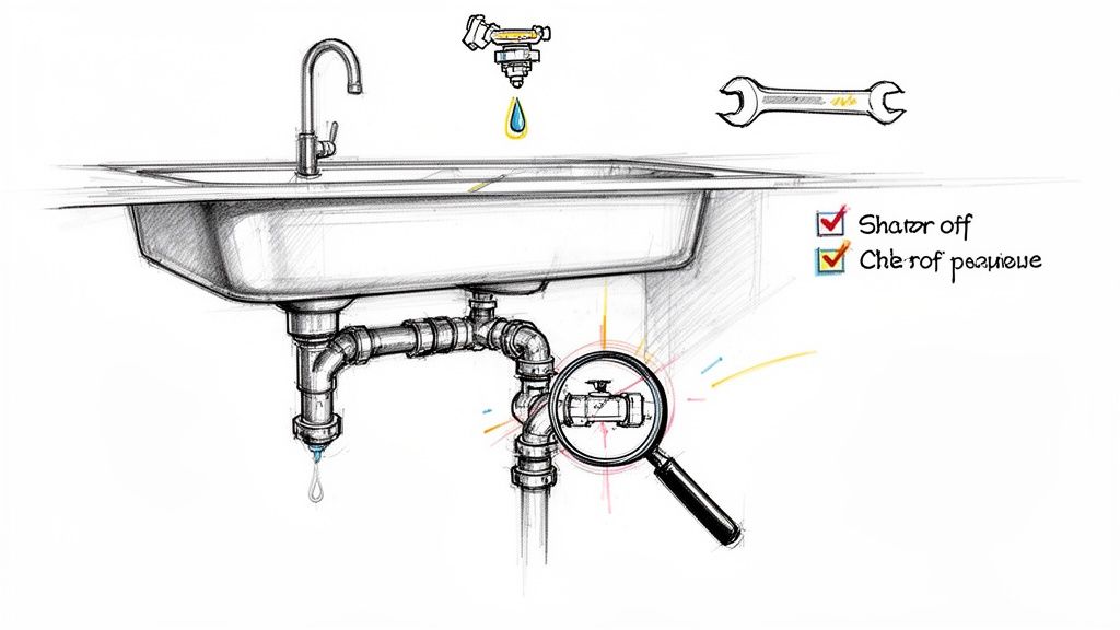 Kitchen sink, faucet, leaky plumbing, a valve under a magnifying glass, and a wrench.