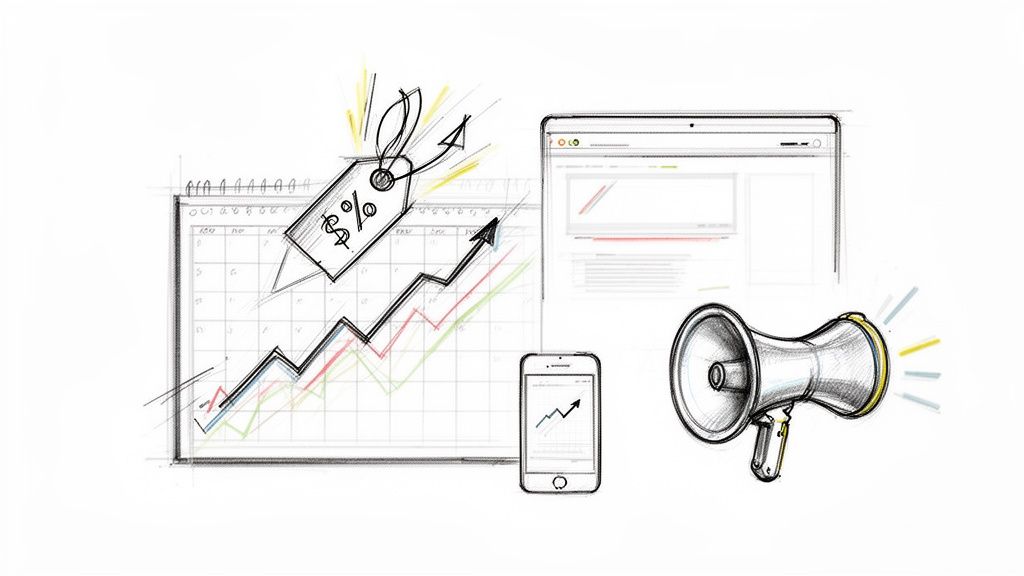 A sketch illustrating business growth with a calendar, price tag, upward graphs on a monitor and smartphone, and a megaphone for marketing.