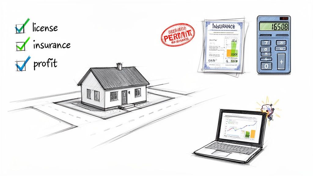 A sketch illustrating real estate requirements and financial planning, including license, insurance, permit, and profit.