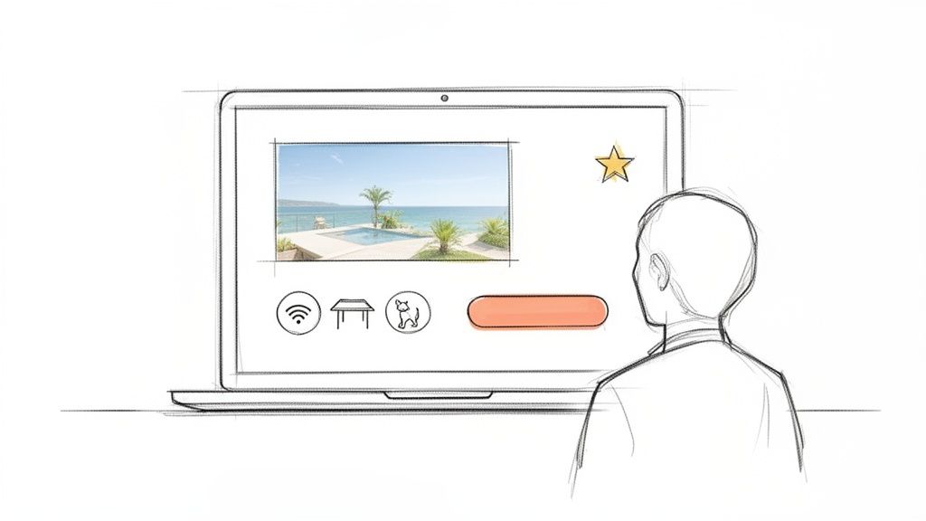 A sketch shows a person viewing a laptop with a beach villa, pool, and amenity icons.