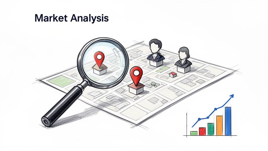 Market analysis illustration showing a magnifying glass over a map with location pins, people, and a growth chart.