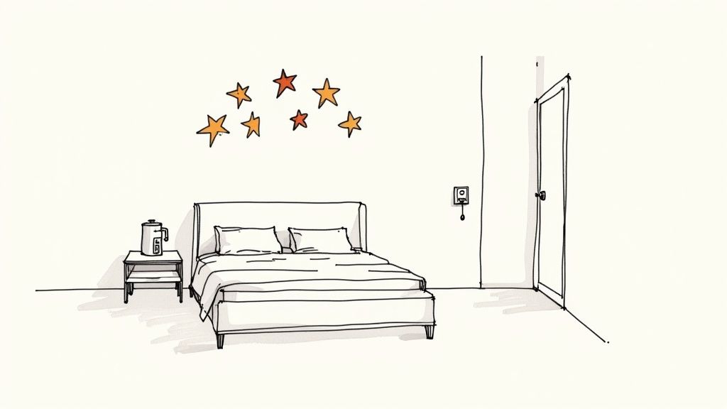 A simple, hand-drawn illustration of a bedroom with a bed, nightstand, kettle, and star wall decor.