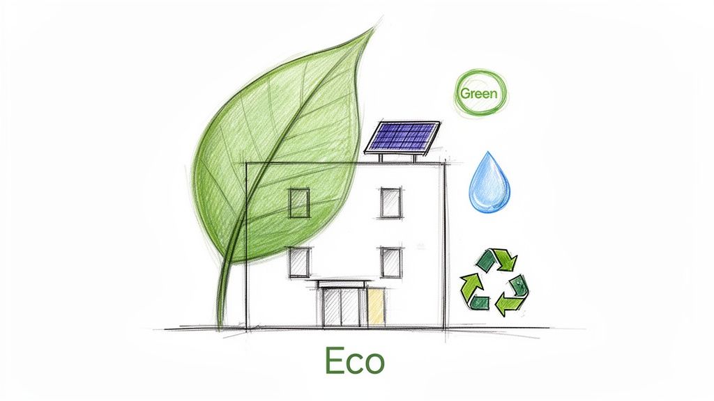 Sketch of an eco-friendly house with a solar panel, leaf, water drop, and recycling symbol.