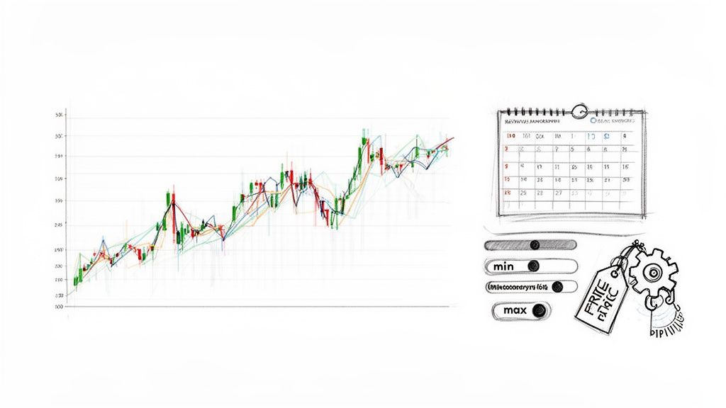 A detailed sketch of a financial candlestick chart alongside a calendar and data sliders.