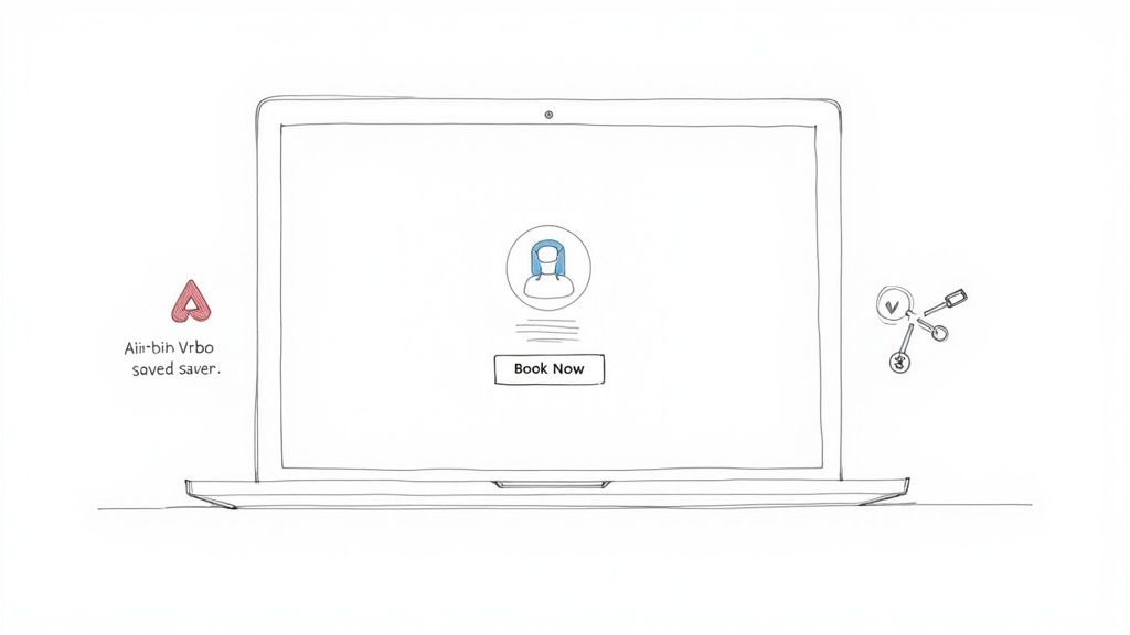 A stylish, modern living room in a vacation rental with large windows showing a scenic view.