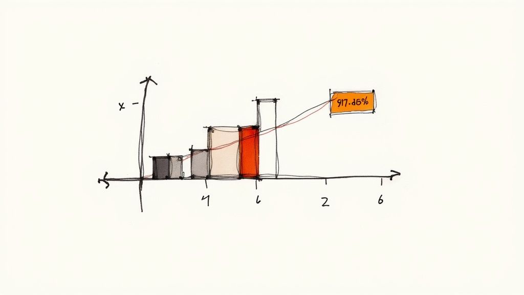Hand-drawn bar chart showing growth statistics with tallest bar highlighted at 97.46 percent