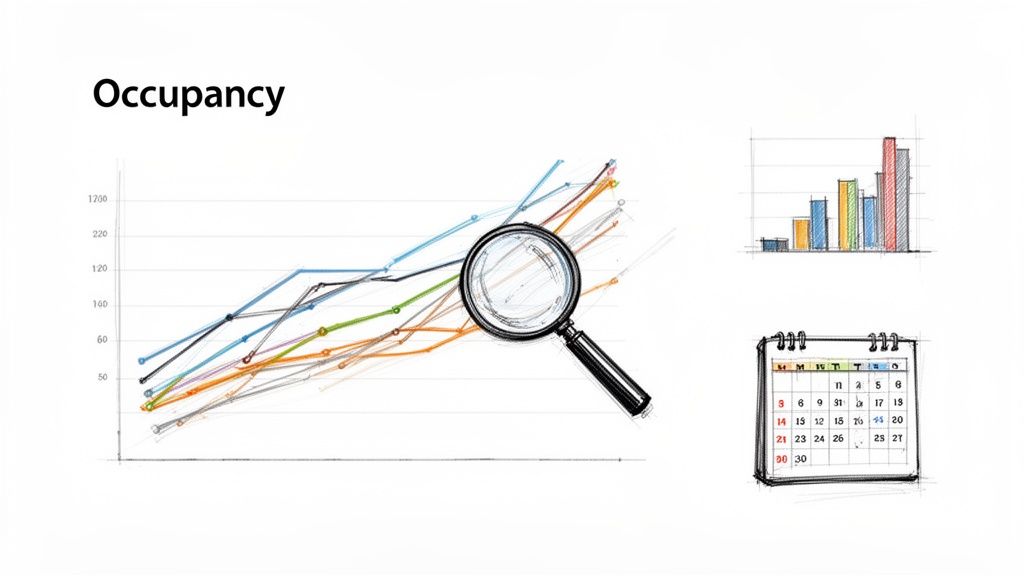 Occupancy analysis illustrated with a line graph, bar chart, magnifying glass, and a calendar.