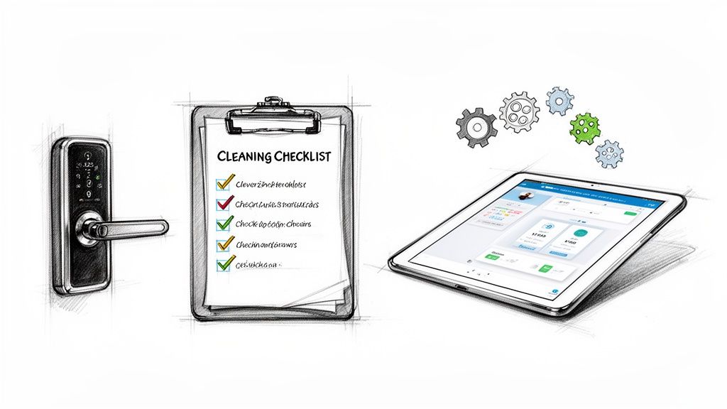 Digital smart lock, cleaning checklist, and tablet with property management software, representing efficient vacation rental operations.