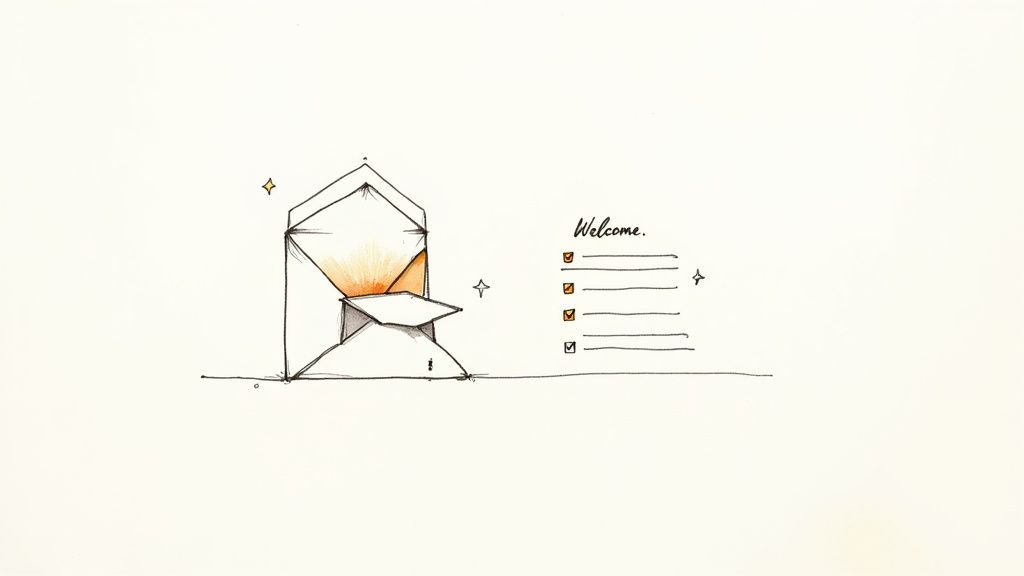 Sketch of an open envelope emitting warm light, with 'Welcome' text and a checklist beside it.