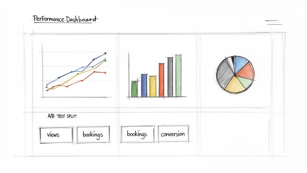 Hand-drawn sketch of a performance dashboard with line, bar, and pie charts and A/B test metrics.