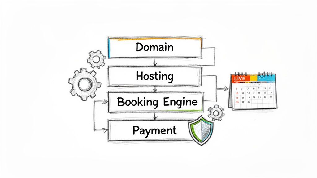 Flowchart detailing vacation rental website creation: Domain, Hosting, Booking Engine, Payment, with gears and calendar.