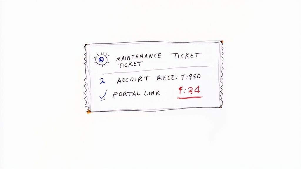 Hand-drawn task ticket displaying maintenance, account receivable, and portal link items with a red time 4:34.