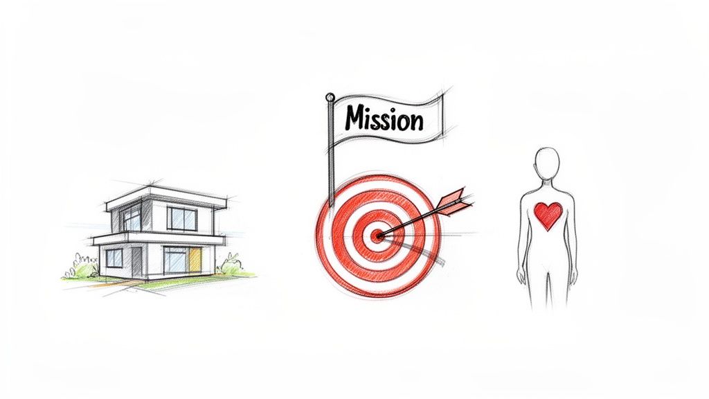 Sketch illustrations of a house, a mission target with an arrow, and a person with a red heart.