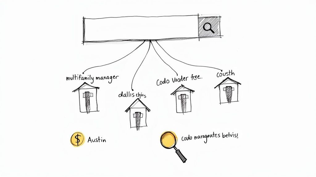 A magnifying glass hovering over a city map, symbolizing the search for valuable local keywords.