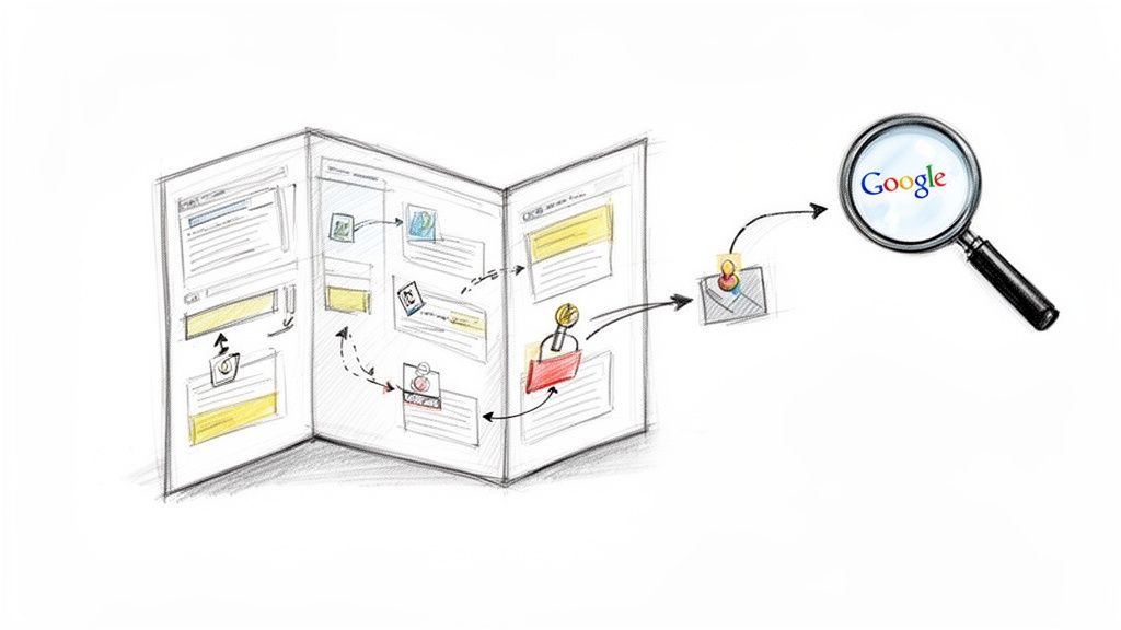 Sketch illustrating website wireframes, content flow, and how pages are discovered by Google search.
