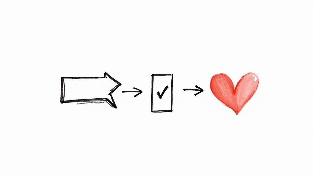 Arrow pointing to checkbox leading to red heart illustrating email engagement conversion process