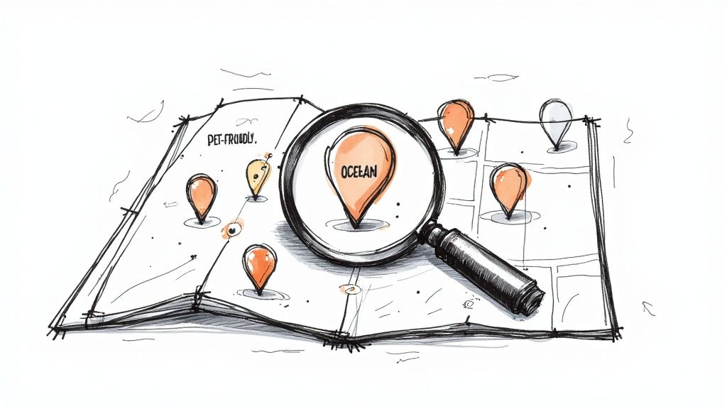 A hand points to a laptop screen showing website SEO analytics with charts and graphs.