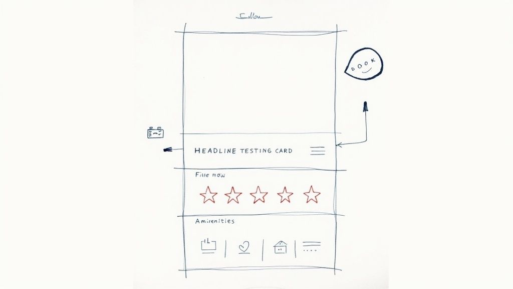 Hand-drawn wireframe sketch of vacation rental listing page with ratings and amenities icons