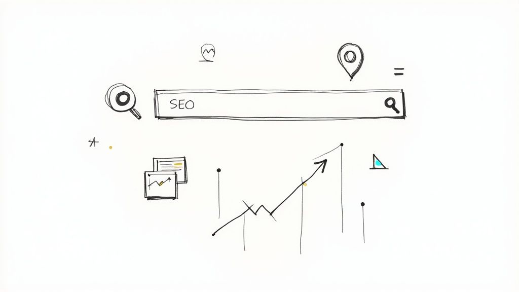 Hand-drawn illustration depicting SEO concepts, including a search bar, growth chart, and web analytics icons.