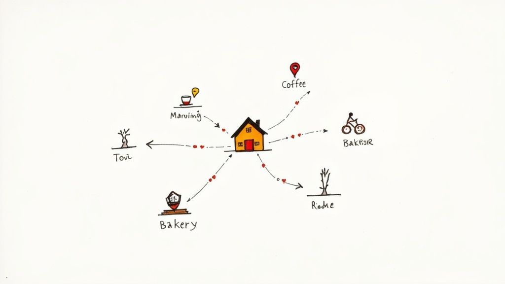 A cozy neighborhood cafe with a vacation rental property visible in the background.