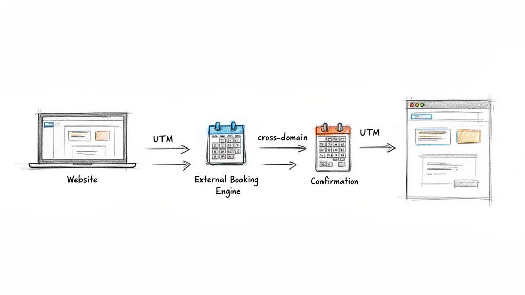 A diagram illustrating UTM parameter tracking across website, external booking engine, and confirmation pages.